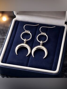 Silver Inverted Crescent Moon Hoop Drop Earrings w/hypoallergenic hooks